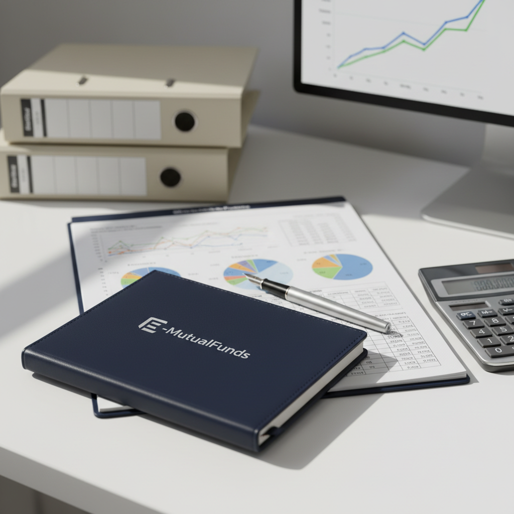 A polished navy-blue leather-bound financial planning notebook embossed with the subtle silver logo of E-MutualFunds lies open on a clean white desk. Detailed charts and mutual fund allocation diagrams are neatly printed on the pages, alongside a sleek brushed-steel pen and a modern calculator with a clear digital display. In the background, faintly blurred, are tidy stacks of labeled financial folders and a minimalist desktop monitor showing a rising line graph. Soft daylight from an unseen window to the left casts gentle, professional shadows and crisp highlights, creating a calm, confident atmosphere. Photographic realism, eye-level composition with shallow depth of field, clean and modern aesthetic that conveys trust, precision, and organized wealth planning.