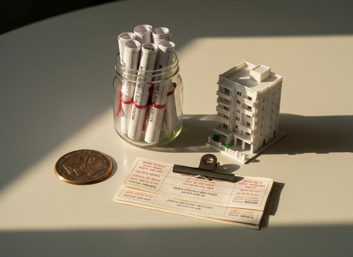 A neat arrangement of classic Indian financial symbols on a smooth, light-grey tabletop: a miniature bronze LIC emblem plaque, a small transparent jar filled with neatly rolled mutual fund application forms, and a tidy row of labeled FD receipts clipped together with a polished steel clip. A compact model of a multi-storey building, representing loans and property, anchors one side of the composition. Warm, indirect daylight filters from the right, creating soft shadows and gentle metallic highlights that feel reassuring and stable. The atmosphere is rooted, trustworthy, and distinctly Indian yet modern. Photographic realism, eye-level angle with asymmetrical balance, sharp focus that highlights textures of paper, metal, and glass, projecting reliability and heritage-backed financial expertise.