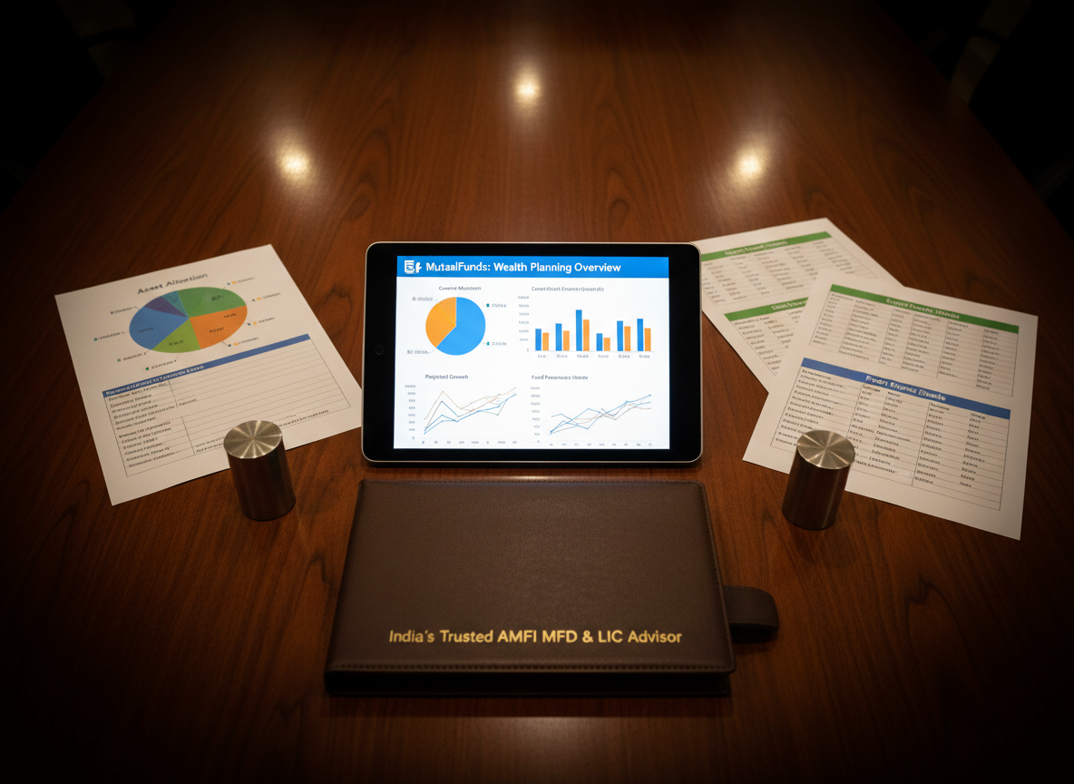 A sophisticated, dark-wood conference table seen from a slightly elevated angle, with a central glossy tablet displaying an E-MutualFunds wealth planning overview screen. Surrounding the tablet are neatly arranged printed asset allocation charts, color-coded mutual fund category sheets, and a slim leather folder embossed with “India’s Trusted AMFI MFD & LIC Advisor”. A pair of minimalist stainless-steel paperweights secure the documents. Overhead, soft, warm-white panel lighting creates even illumination with gentle vignetting around the edges, drawing attention to the tablet’s crisp display. The mood is strategic and collaborative, highlighting structured financial discussions. Photographic realism, balanced composition using the rule of thirds, medium depth of field ensuring all key documents and the tablet remain clearly readable and authoritative.