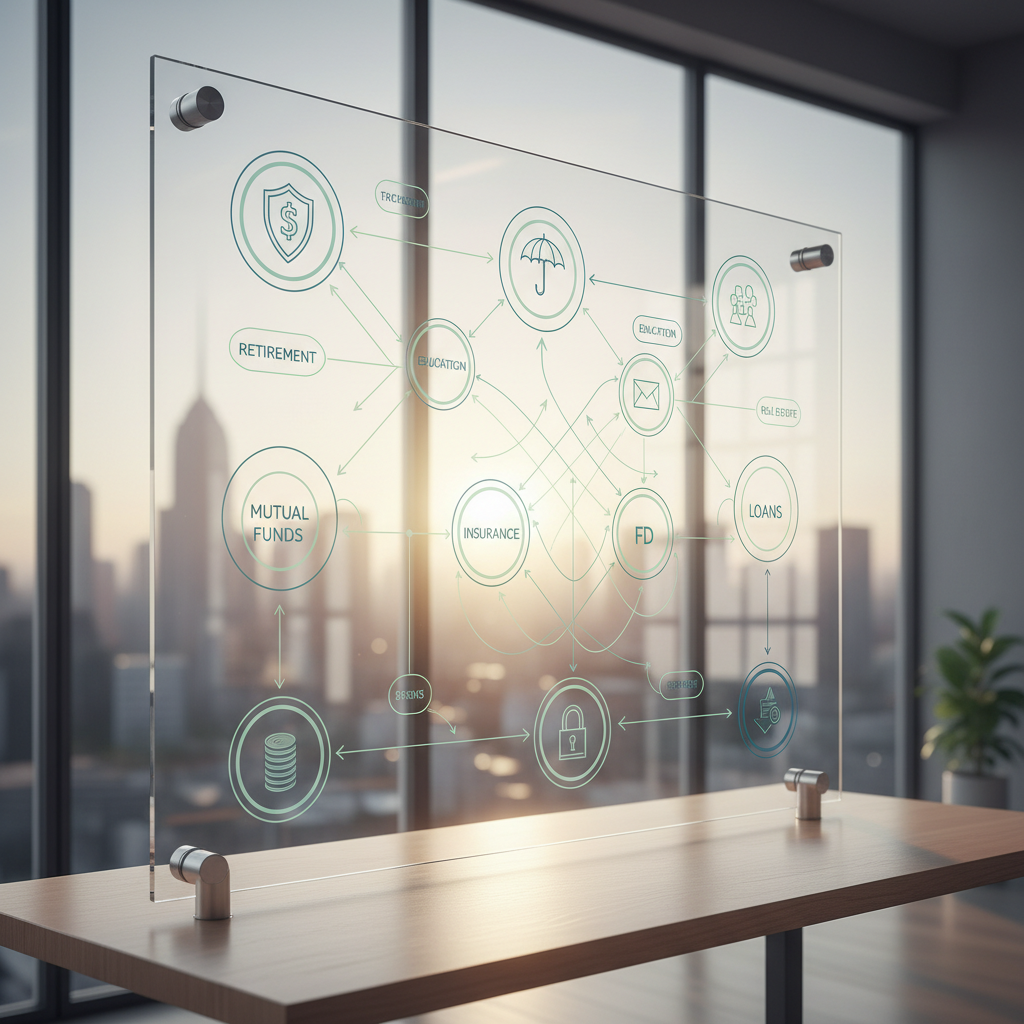 A large, ultra-modern transparent acrylic board mounted in a bright office setting, filled with meticulously drawn wealth planning diagrams. Colored lines connect neatly labeled nodes such as “Mutual Funds”, “Insurance”, “FD”, and “Loans”, each represented by precise icons in muted blues and greens. Behind the board, out of focus, are tall glass windows revealing a soft, abstract city skyline, suggesting growth and opportunity. Natural daylight streams in, creating gentle reflections and subtle light streaks across the acrylic surface. The mood is analytical yet optimistic. Shot from a slight side angle at eye level, with a shallow depth of field that keeps the diagrams crisp while the background softly blurs. Clean, photographic realism with a sophisticated, tech-forward financial feel.