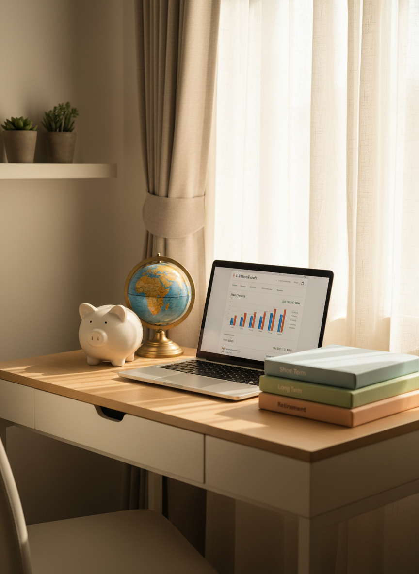 A serene, organized home office nook designed for personal wealth planning: a compact, light-wood desk with a thin laptop open to an E-MutualFunds portfolio summary page, beside a neatly stacked set of pastel-colored financial planners labeled “Short Term”, “Long Term”, and “Retirement”. A small, tasteful globe and a ceramic piggy bank in matte white provide symbolic accents of global vision and savings discipline. Soft morning sunlight filters through sheer curtains behind the desk, casting gentle, elongated shadows and a warm, reassuring glow across the space. The mood is calm, empowering, and aspirational. Photographic realism, shot at eye level with a slight side angle, moderate depth of field to keep all planning elements in focus, conveying an approachable yet professional financial planning environment.