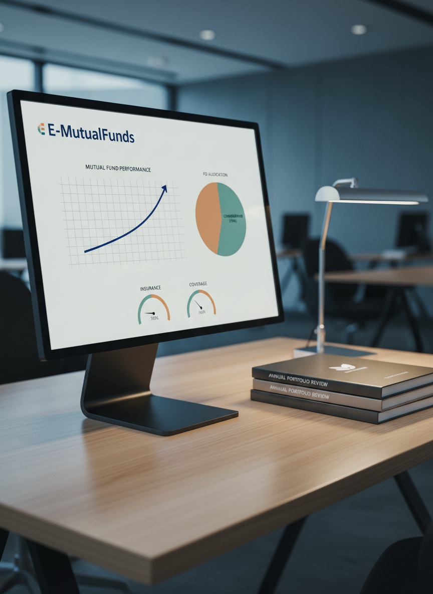 A close-up of a high-resolution computer monitor on a minimalist wooden desk, displaying a detailed dashboard for E-MutualFunds. The screen shows colorful but refined charts: a rising mutual fund performance line in deep blue, a conservative FD allocation pie chart in soft teal, and insurance coverage gauges in muted amber. Next to the monitor, a tidy stack of printed portfolio reports with embossed covers rests beside a slim, brushed-metal desk lamp. Cool, balanced workspace lighting combines soft overhead light with a subtle glow from the monitor, casting delicate reflections on the desk surface. The mood is focused, professional, and data-driven. Photographic realism, composed in the rule of thirds, with moderate depth of field to keep both screen and desk accessories in sharp, credible detail.