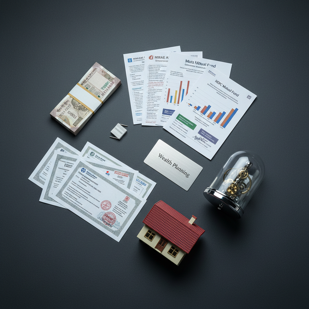 An elegant flat lay of diversified investment instruments arranged on a matte charcoal surface: neatly stacked Indian currency notes, carefully placed mutual fund fact sheets, fixed deposit certificates with official seals, and a small model house symbolizing home loans. Beside them sits a refined, glass-domed desk clock and a slim metallic card engraved with “Wealth Planning”. Cool, diffused overhead lighting creates soft reflections on the glass and metal, with subtle gradients across the dark background. The mood is structured and strategic, emphasizing balance and security. Photographic realism, centered composition with a slight diagonal flow, sharp focus throughout, professional and contemporary financial-services aesthetic suitable for a premium advisory brand.